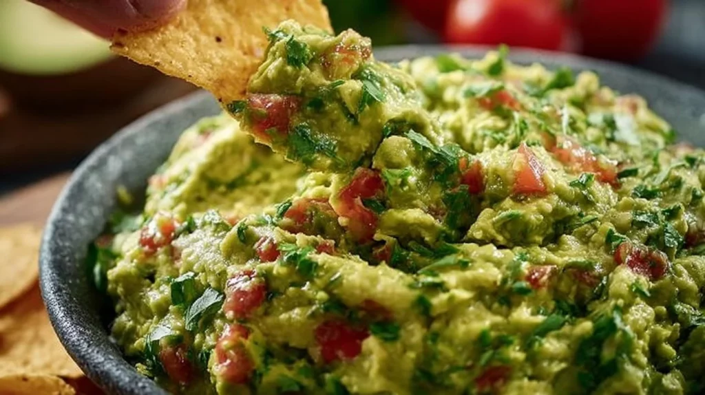 Bowl of authentic guacamole garnished with cilantro and lime