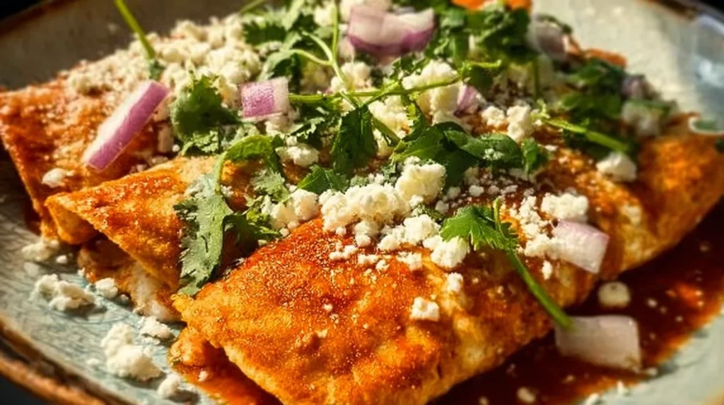 Authentic Mexican chicken enchiladas topped with red sauce and cheese
