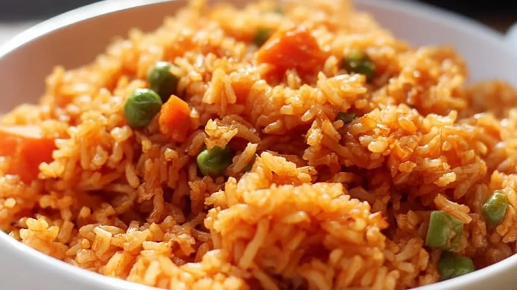 Bowl of Authentic Mexican Rice garnished with fresh herbs and vegetables