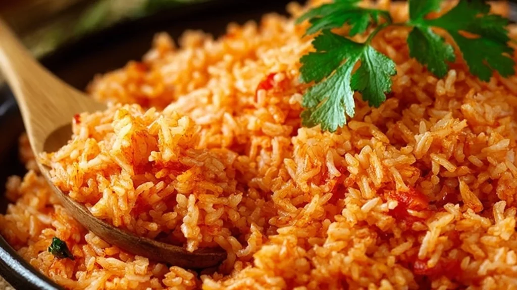 Bowl of authentic Mexican rice garnished with fresh cilantro and lime