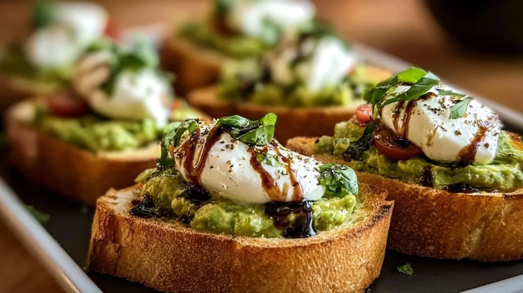 Avocado Burrata Bruschetta with fresh ingredients on toasted bread