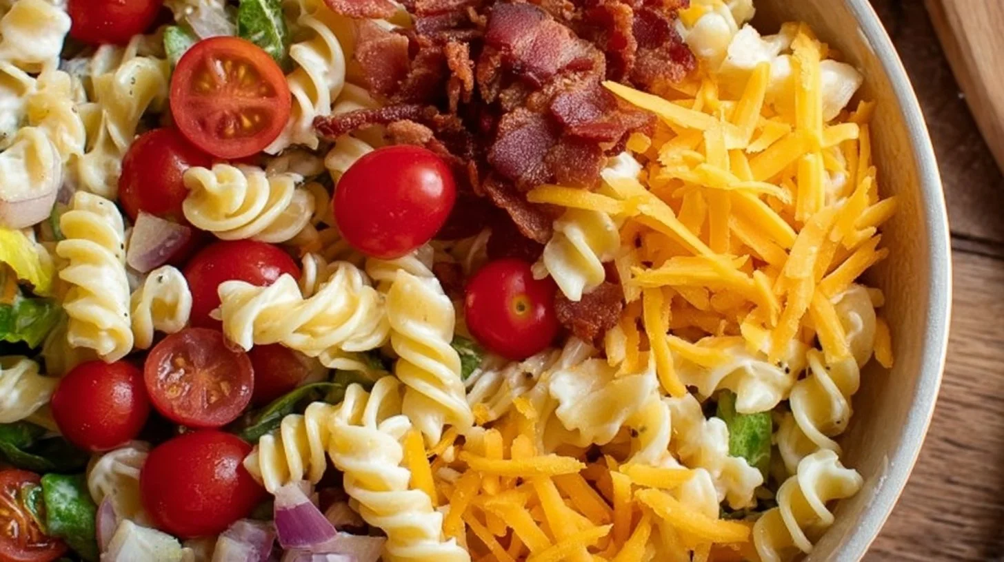Bacon Lettuce Tomato Pasta Salad served in a bowl with fresh ingredients