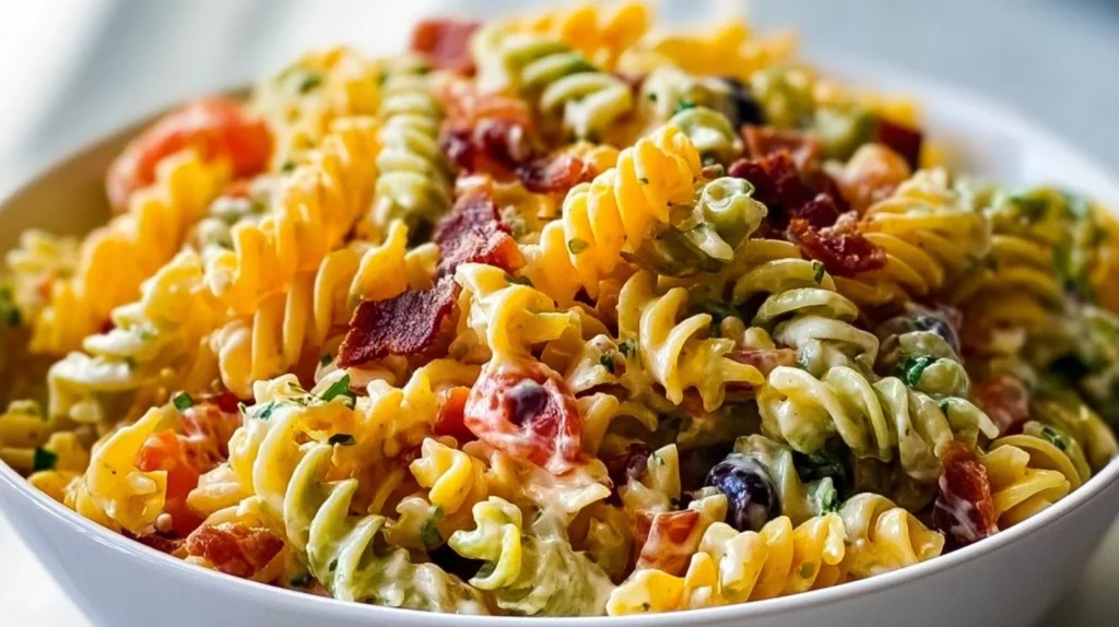 Delicious Bacon Ranch Pasta Salad served in a bowl with fresh ingredients