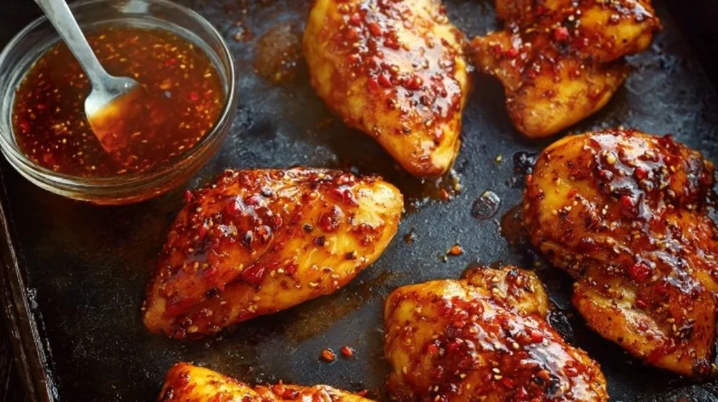 Baked firecracker chicken served with colorful vegetables on a plate