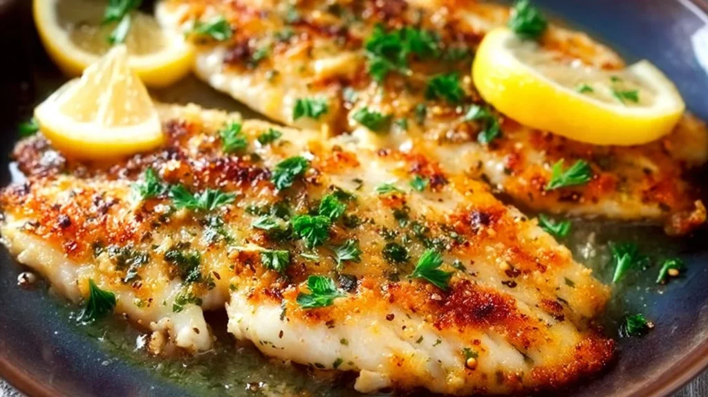 Deliciously baked tilapia fillets garnished with herbs and lemon