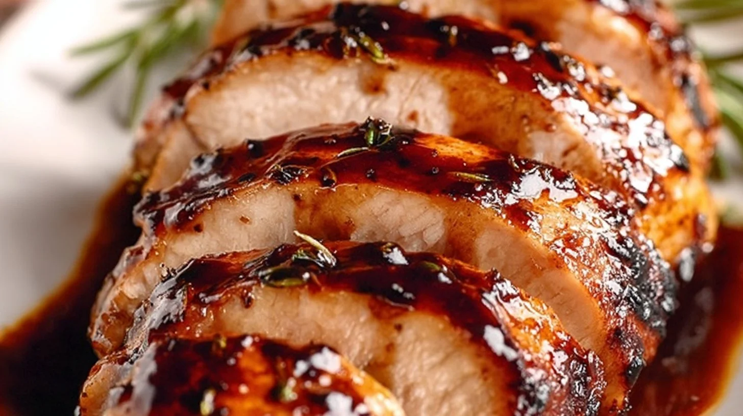 Juicy balsamic chicken breasts garnished with herbs and served on a plate.