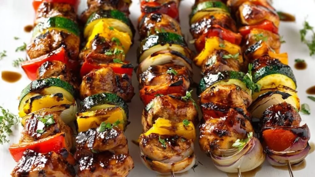 Balsamic grilled chicken kabobs on skewers with colorful vegetables