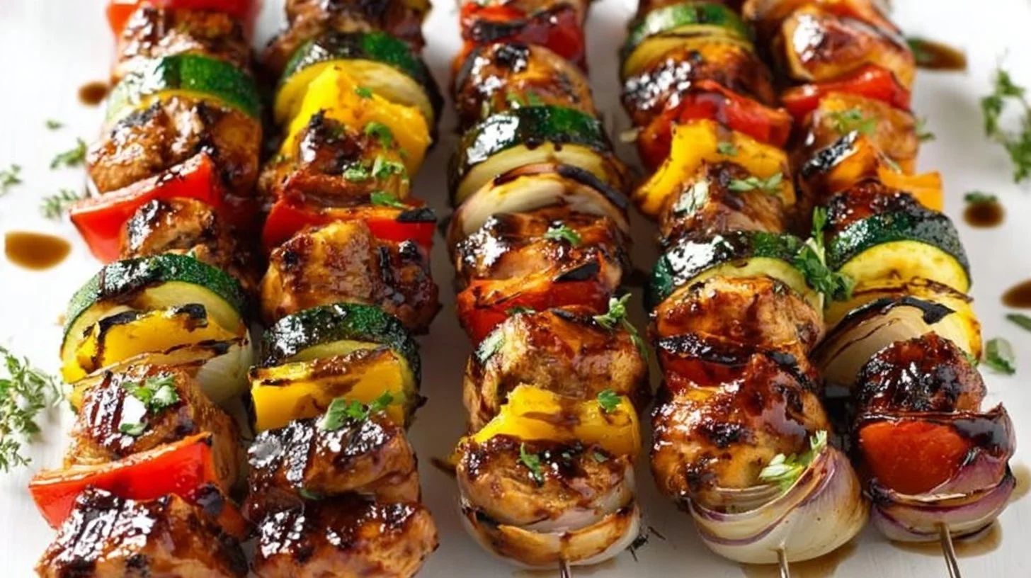 Balsamic grilled chicken kabobs on skewers with colorful vegetables