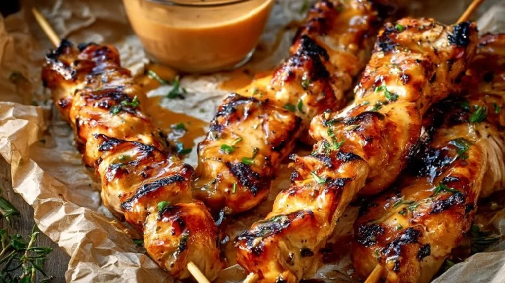 Bang Bang Chicken Skewers served with dipping sauce