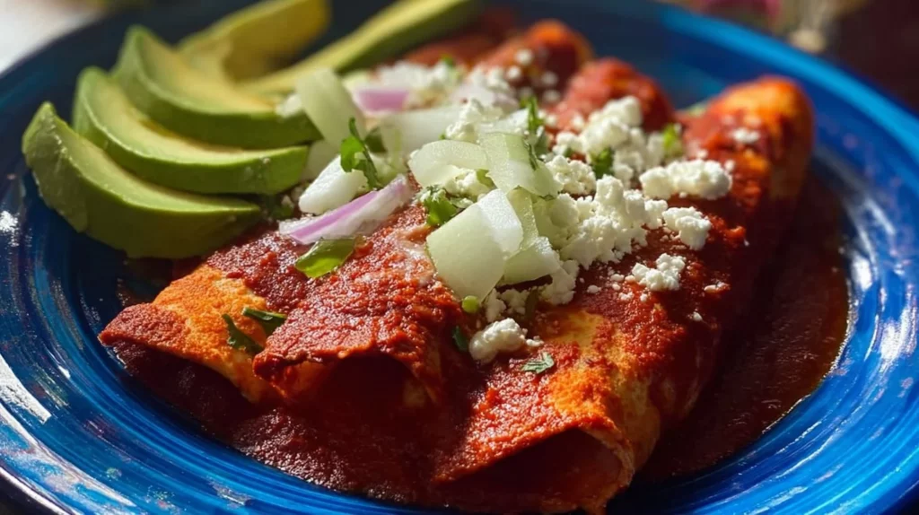 Delicious plate of homemade chicken enchiladas topped with cheese and sauce
