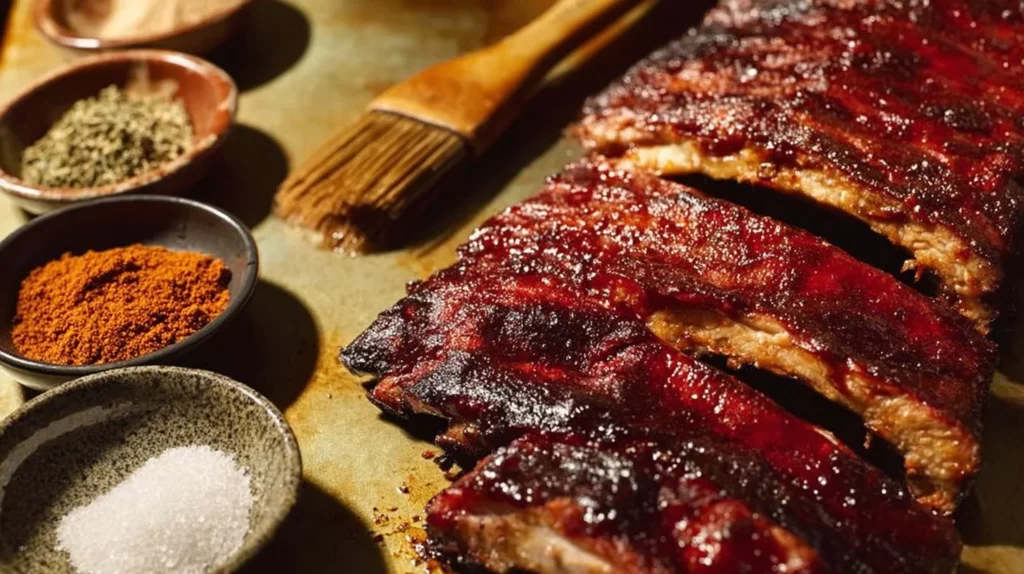 Delicious BBQ baby back ribs on a plate garnished with fresh herbs