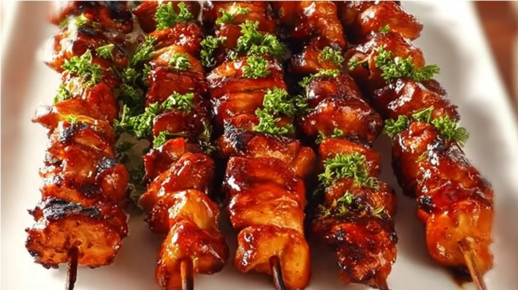 Delicious BBQ chicken kebabs grilled to perfection with vibrant vegetables.
