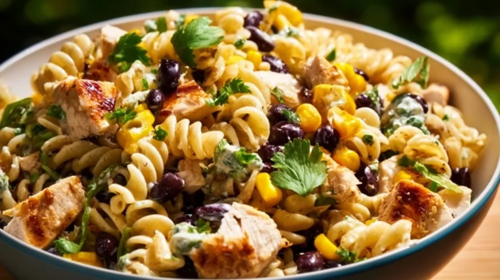Delicious BBQ Chicken Pasta Salad with colorful vegetables and dressing