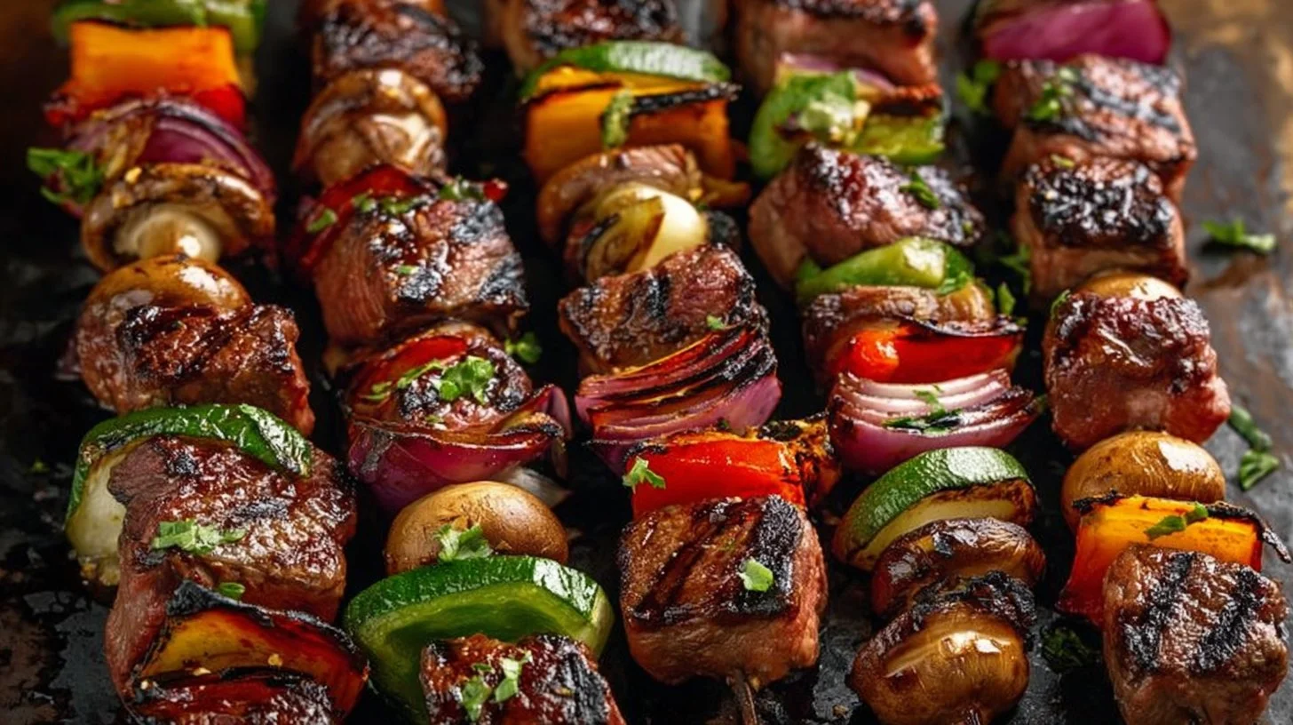 Grilled beef shish kabobs with marinated meat and colorful vegetables.