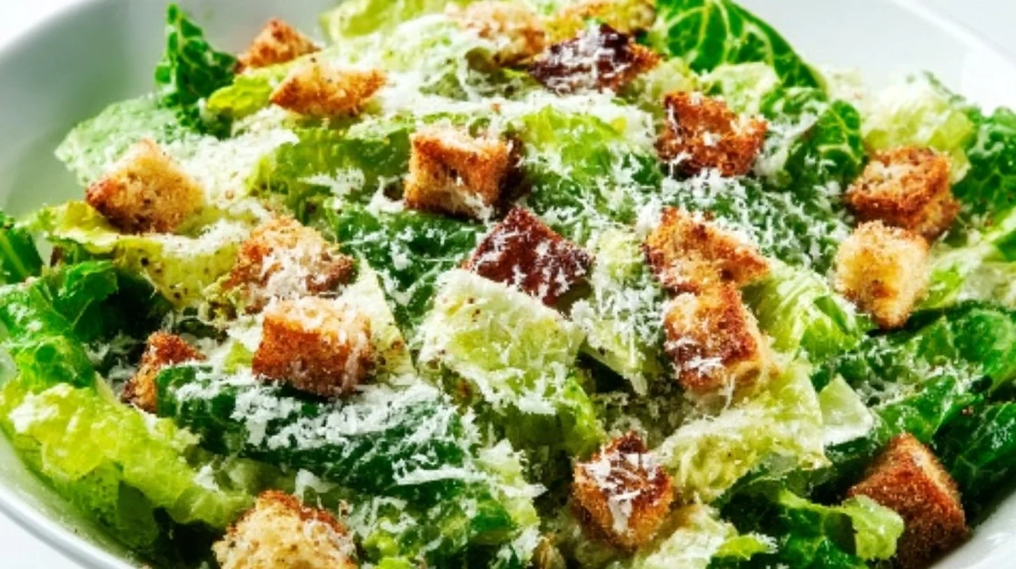 Delicious Caesar salad with greens, croutons, and creamy dressing