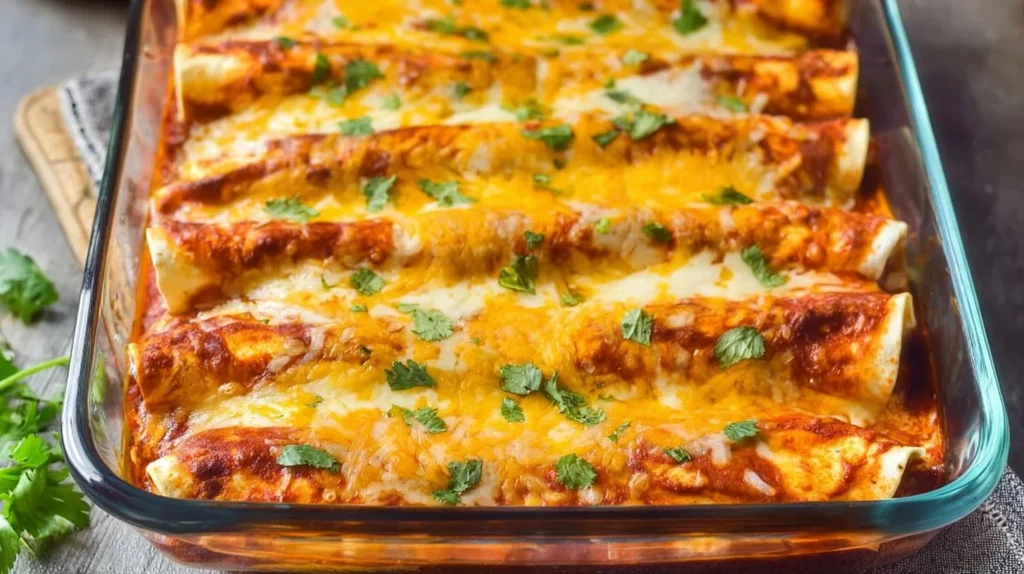 Delicious chicken enchiladas topped with cheese and fresh cilantro