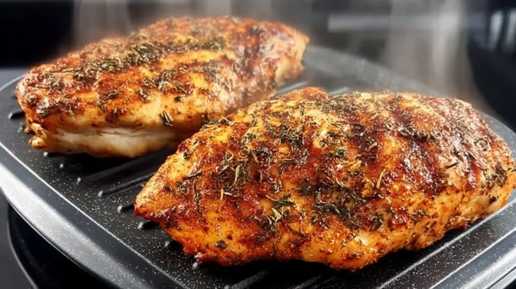 Cooked chicken breasts on a George Foreman grill, showcasing a delicious meal option