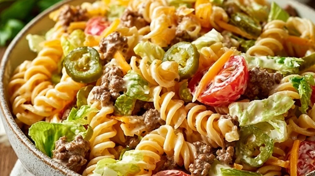 Delicious Big Mac Pasta Salad with lettuce, cheese, and special sauce
