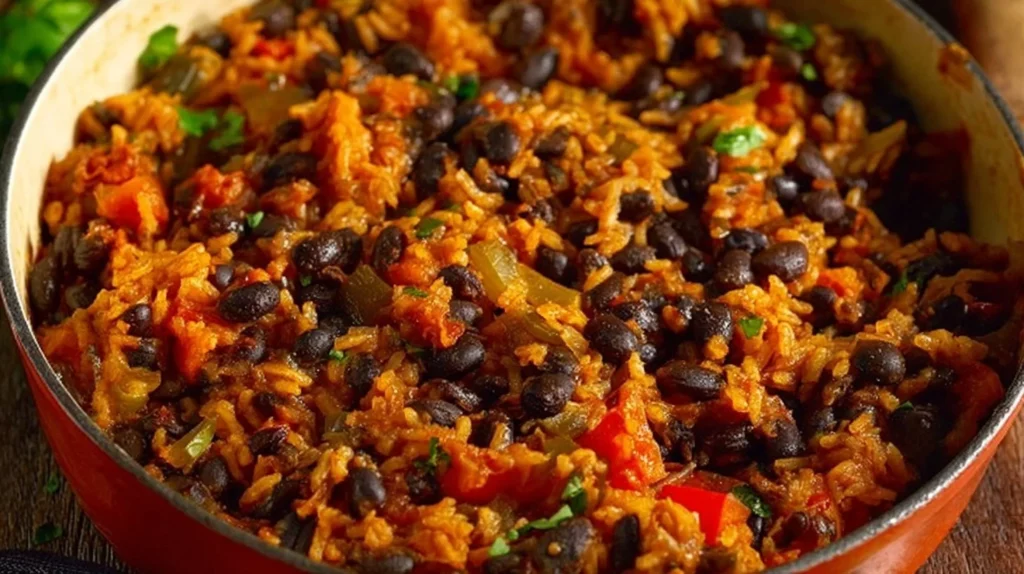 Delicious plate of black beans and rice garnished with herbs and spices