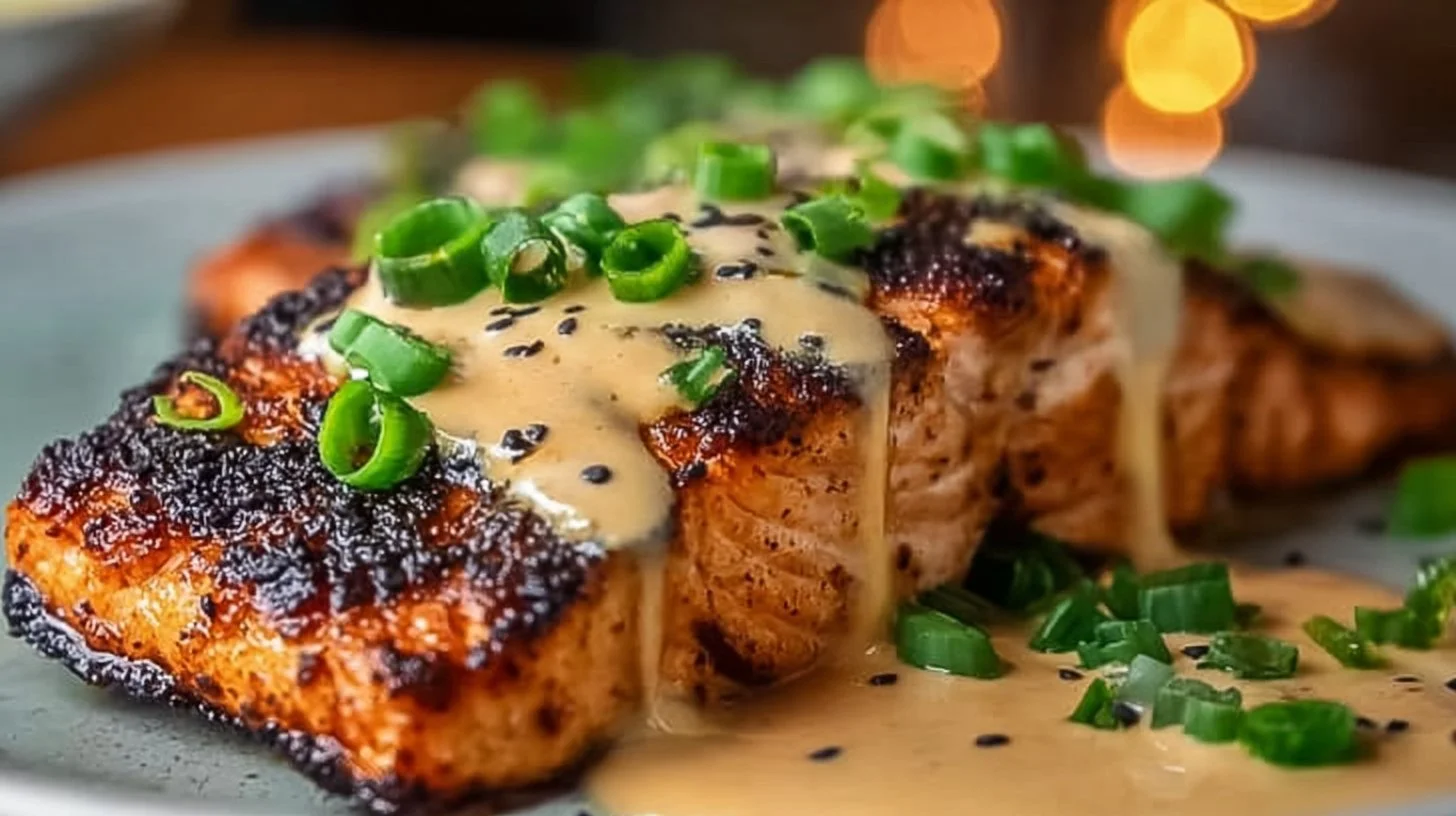 Delicious blackened salmon fillet topped with Dijon cream sauce on a plate.