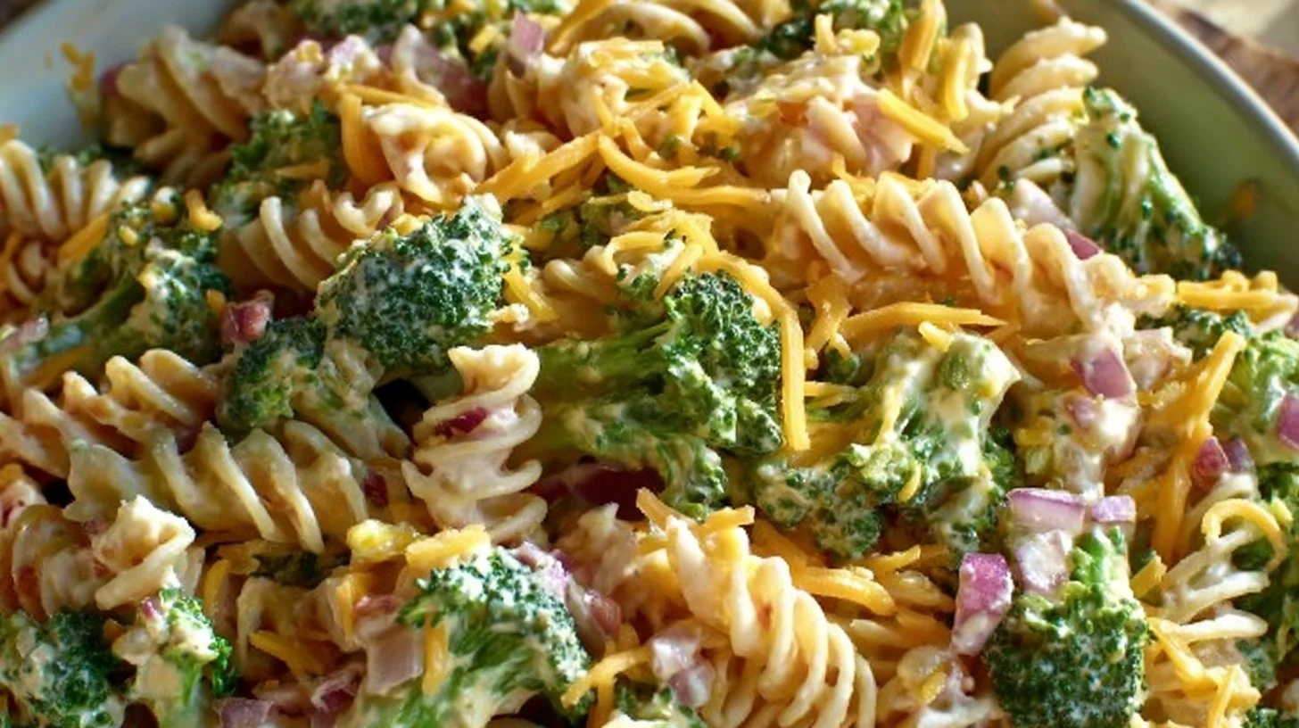 Delicious broccoli cheddar pasta salad in a bowl with fresh ingredients.