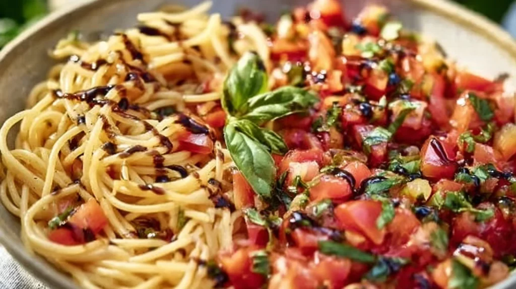 A bowl of colorful Bruschetta Pasta Salad with tomatoes, basil, and pasta