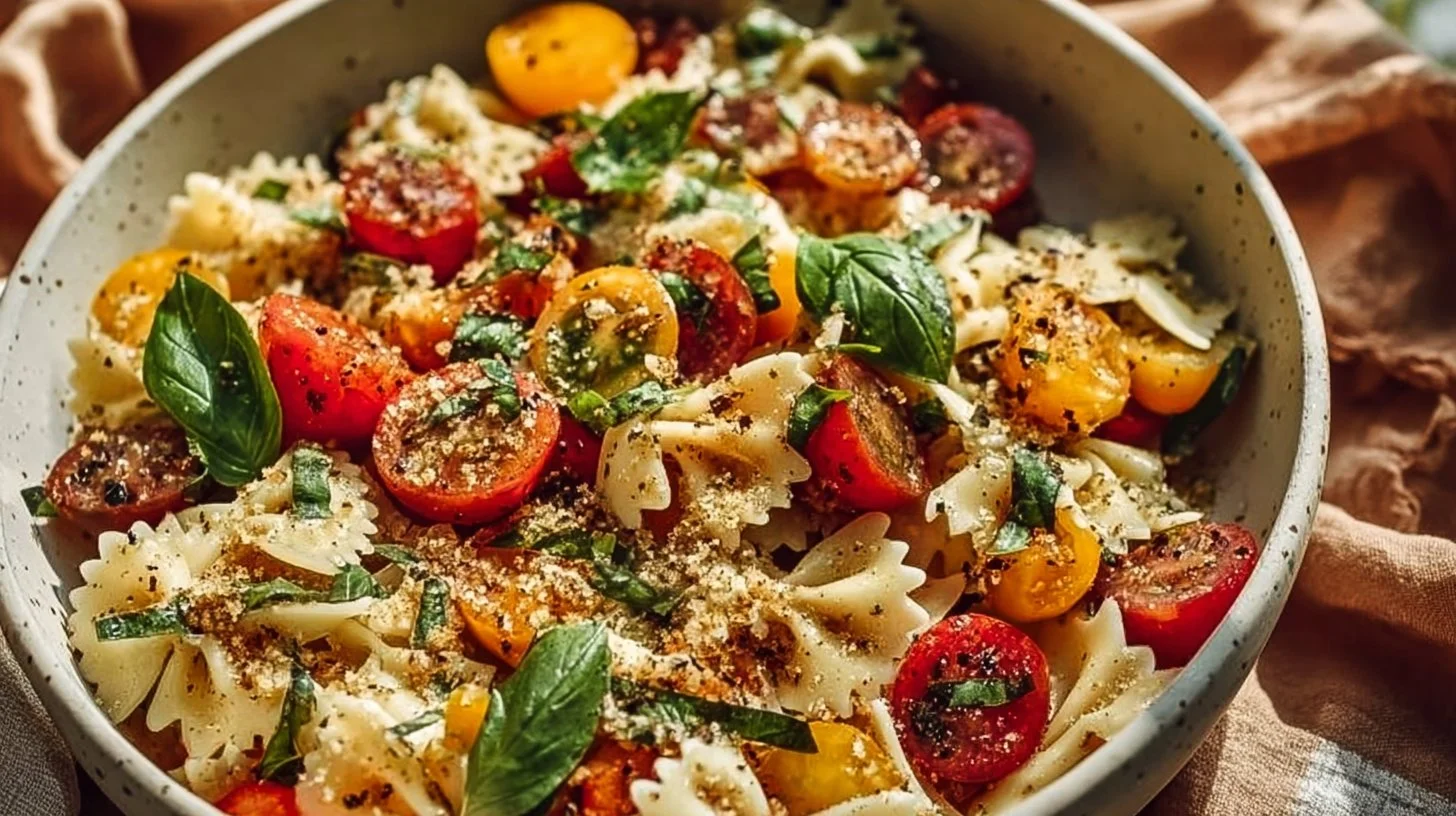 Bruschetta pasta salad with mini mozzarella balls and fresh basil.