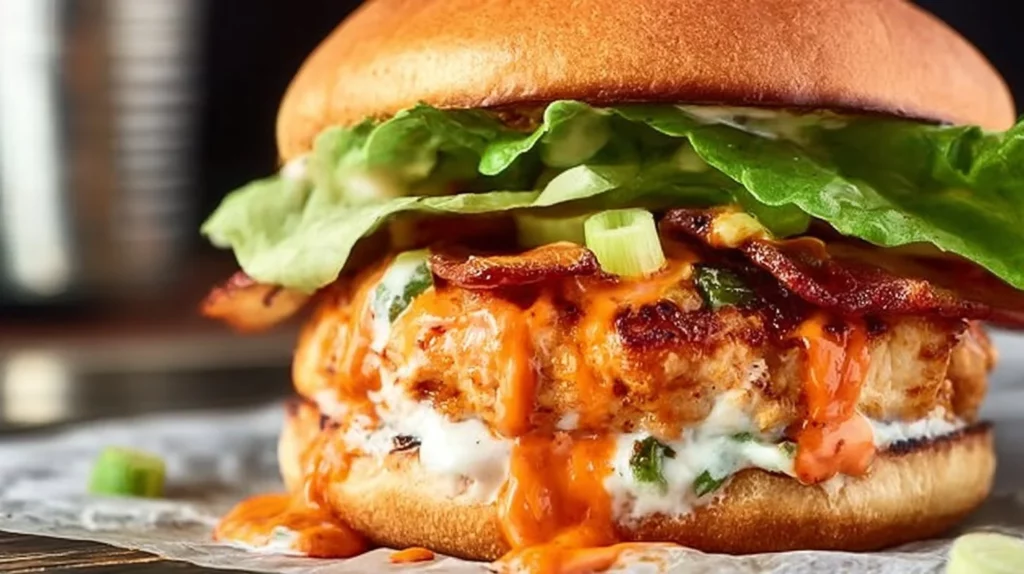 Juicy Buffalo Chicken Burger topped with blue cheese and lettuce