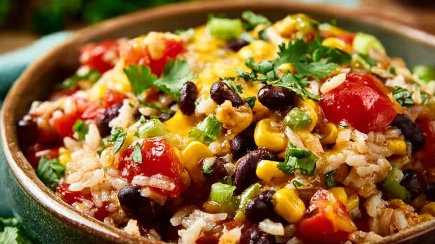 Colorful and appetizing burrito bowl filled with fresh ingredients and toppings.