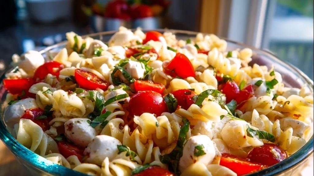 Colorful Caprese Pasta Salad with tomatoes, mozzarella, basil, and pasta.