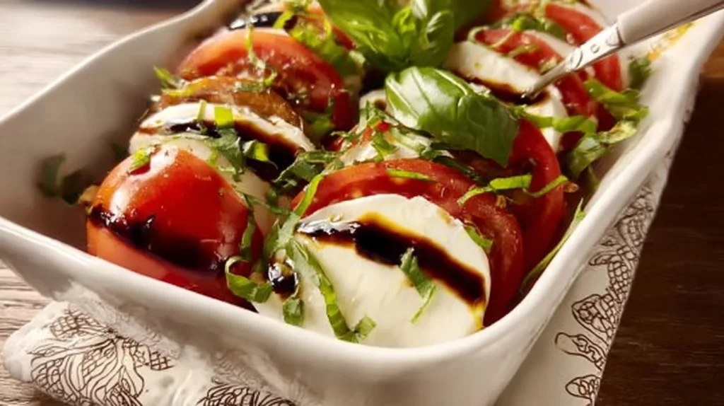 Fresh Caprese Salad with tomatoes, mozzarella, and basil on a plate