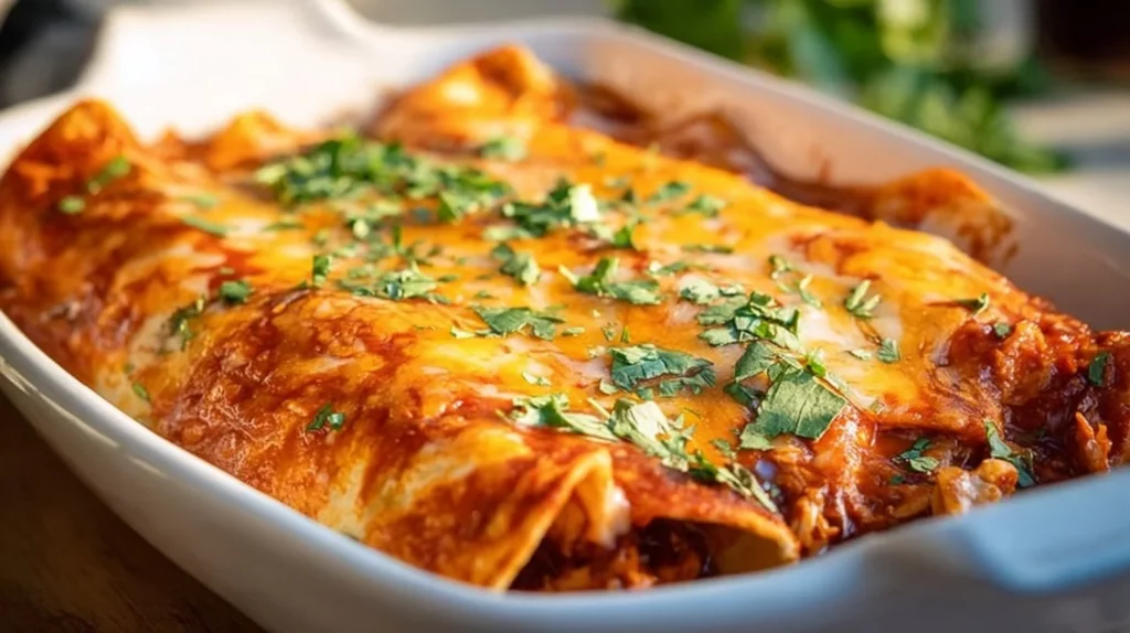 Delicious cheesy chicken enchiladas topped with fresh herbs and sauce.