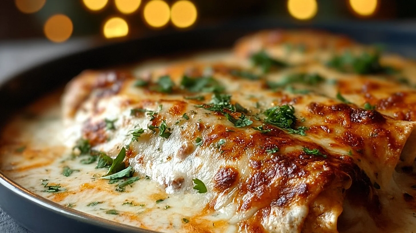 Cheesy chicken enchiladas topped with a creamy sauce, served in a vibrant dish.