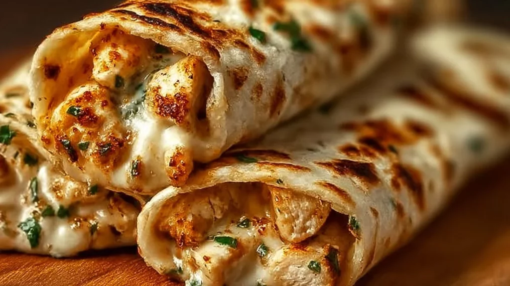 Cheesy garlic chicken wraps filled with succulent chicken and melted cheese