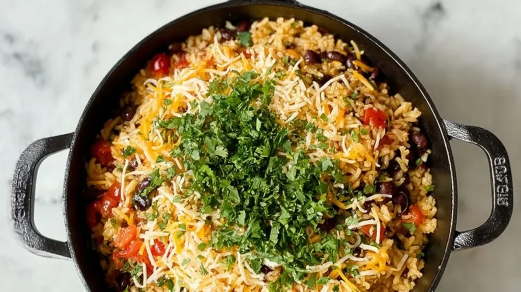 Delicious cheesy taco rice served in a bowl with toppings
