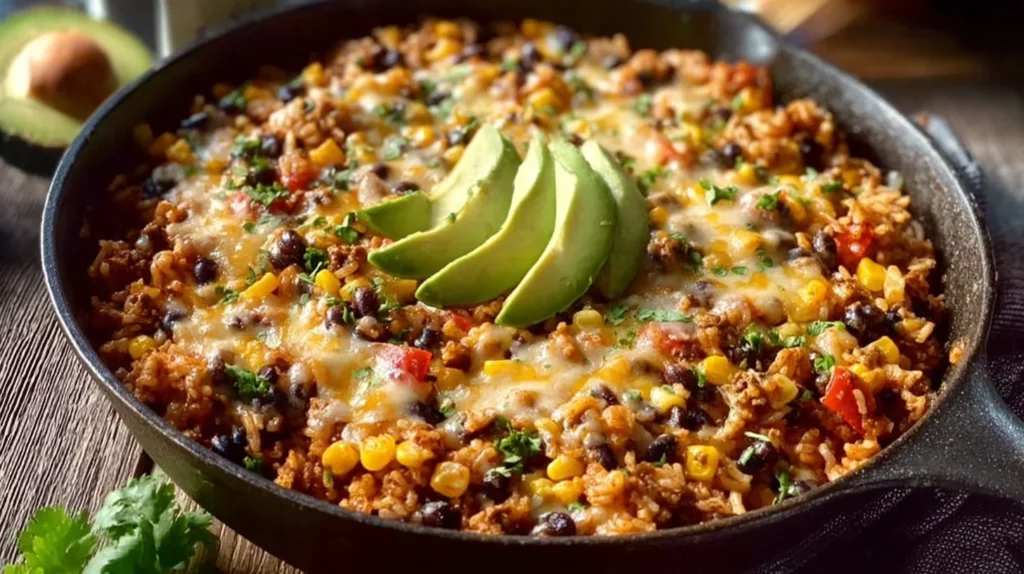 Cheesy taco rice skillet served in a vibrant dish with toppings.