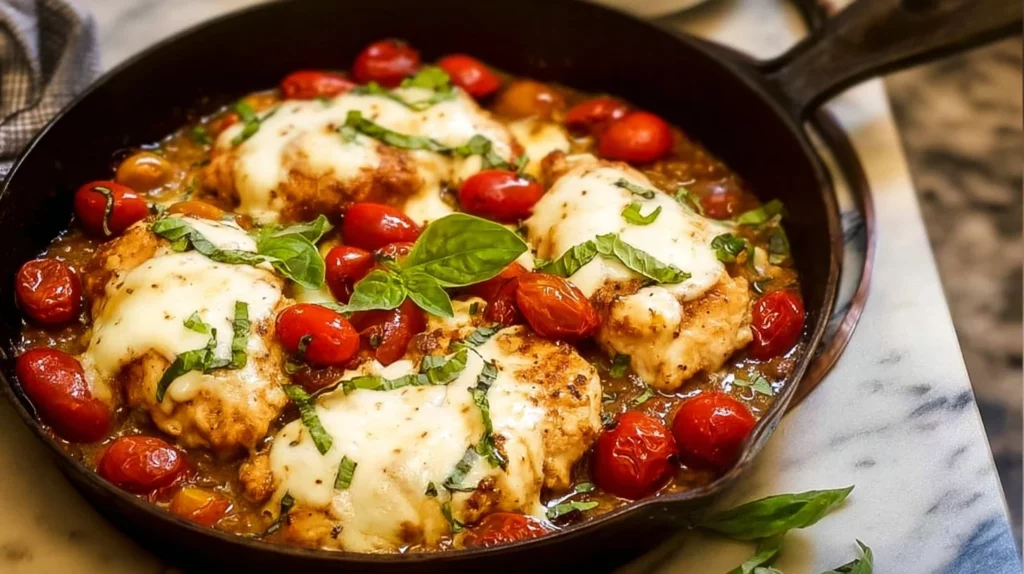 Delicious Chicken Caprese Skillet with fresh basil, tomatoes, and mozzarella cheese
