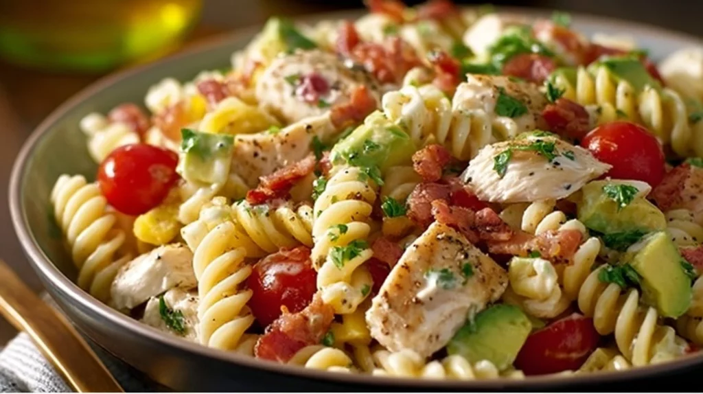 Delicious Chicken Club Pasta Salad with chicken, bacon, and fresh vegetables