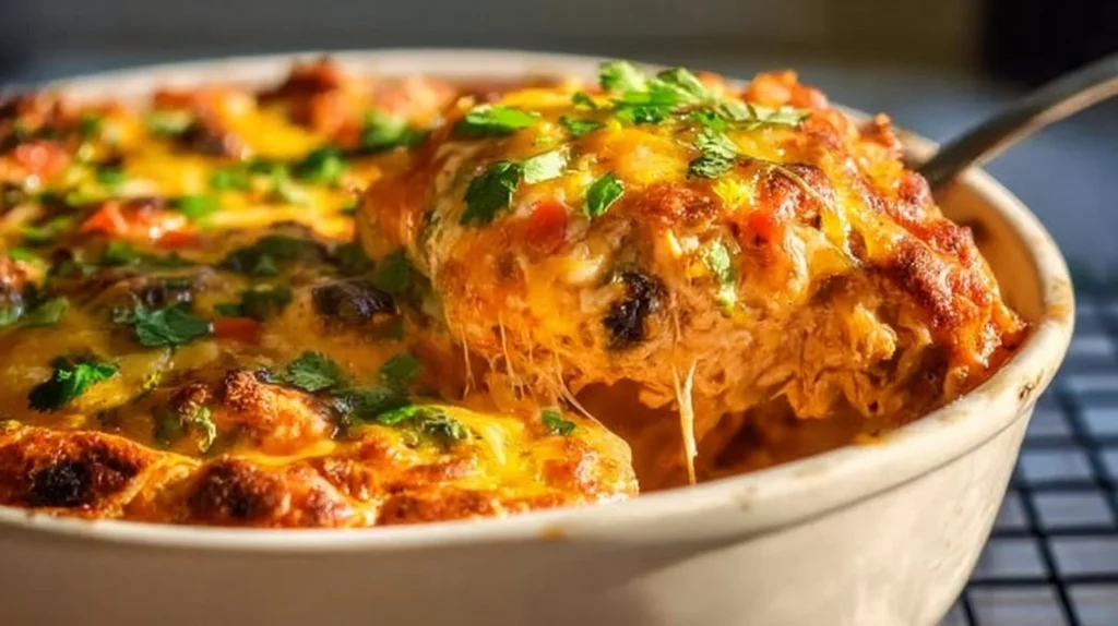 Delicious Chicken Enchilada Casserole topped with cheese and fresh ingredients