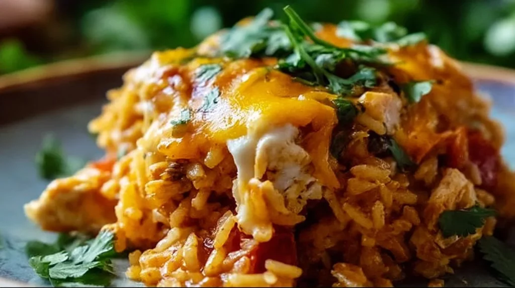 Chicken Enchilada Rice Casserole topped with cheese and cilantro.