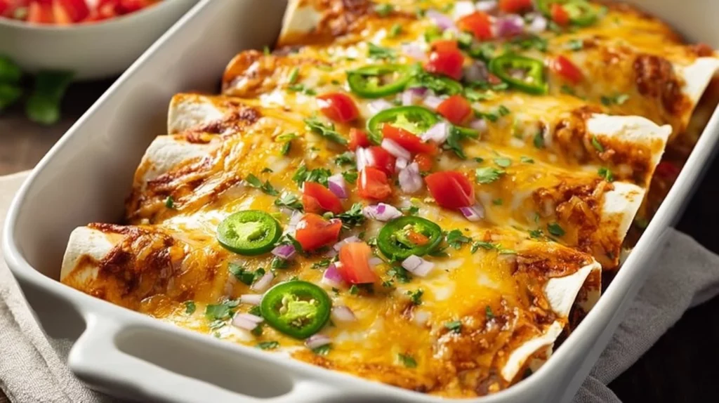 Delicious chicken enchiladas served with sauce and garnishes