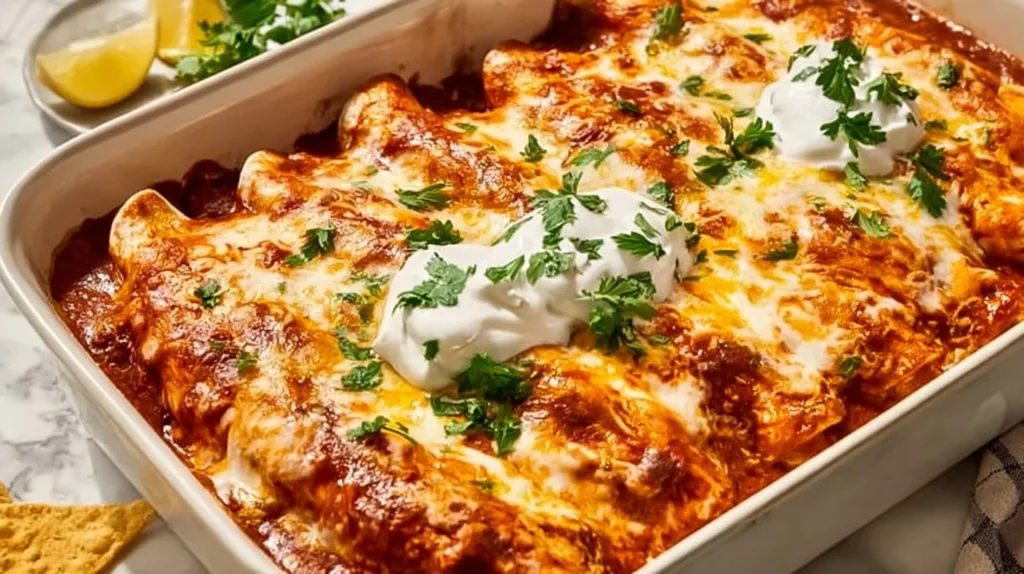 Delicious Chicken Enchiladas served with toppings and sides