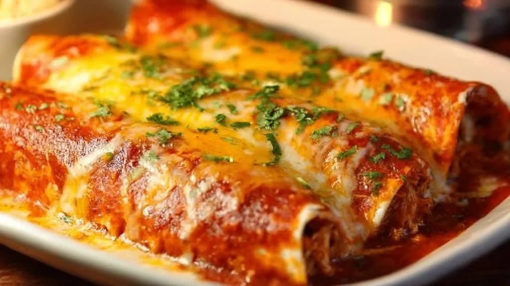 Delicious homemade Chicken Enchiladas topped with cheese and fresh herbs
