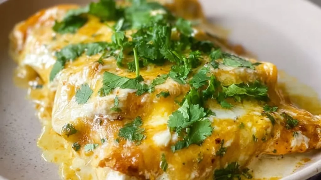 Delicious chicken enchiladas topped with green sauce, garnished with cilantro.