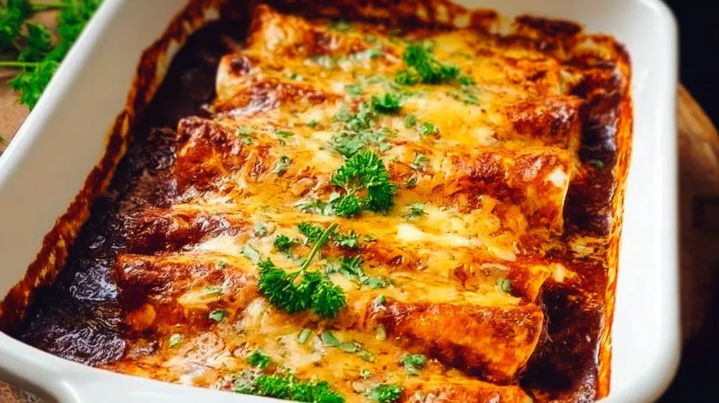 Chicken enchiladas topped with homemade red enchilada sauce on a plate