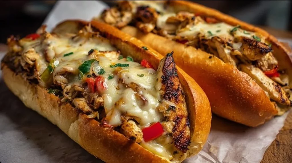 Delicious Chicken Philly Cheesesteak sandwich with melted cheese and peppers