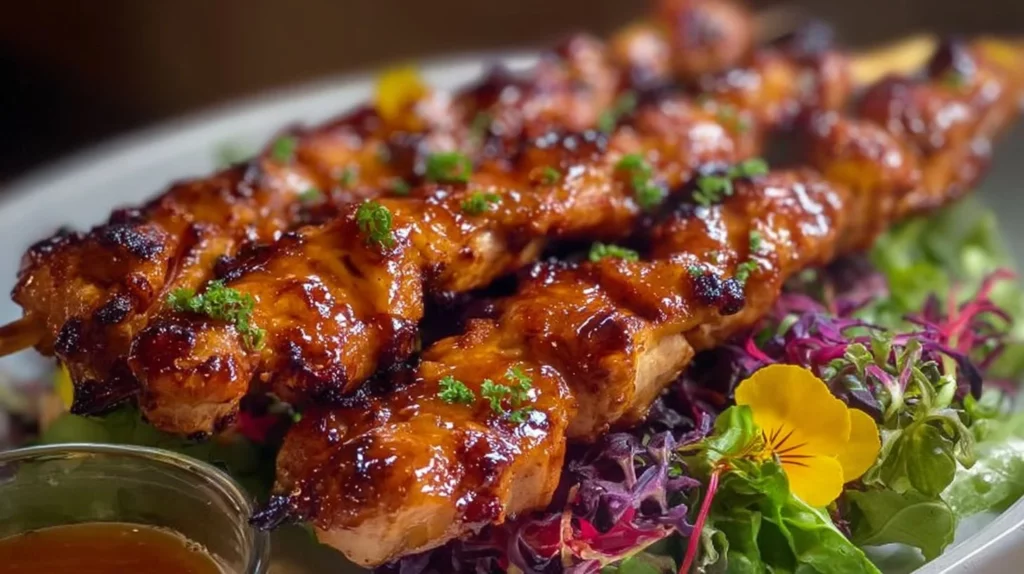 Grilled chicken skewers served with colorful vegetables