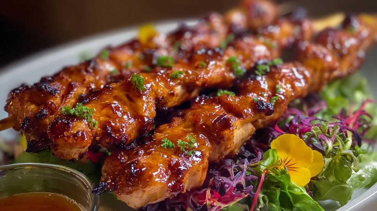 Grilled chicken skewers served with colorful vegetables