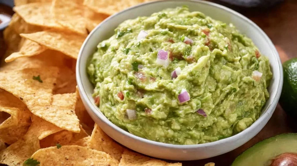 Delicious Chipotle guacamole served with tortilla chips