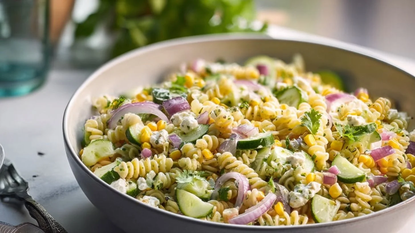 Bowl of refreshing Cilantro Lime Pasta Salad with colorful vegetables